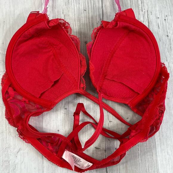 Victorias Secret Red Lace Padded Underwire Front Close Adjustable Strap Bra 36B - Picture 8 of 10